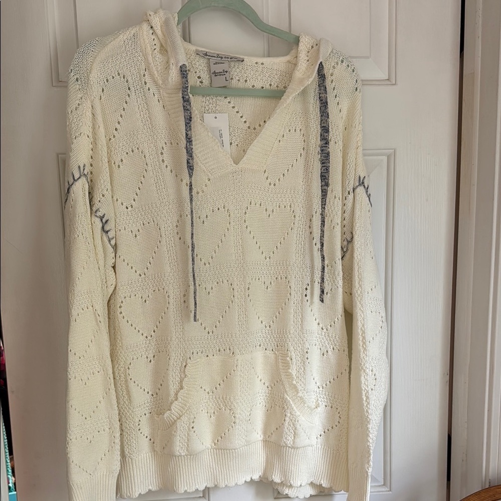 Cream Knit Heart Hoodie Sweater with Contrast Drawstrings